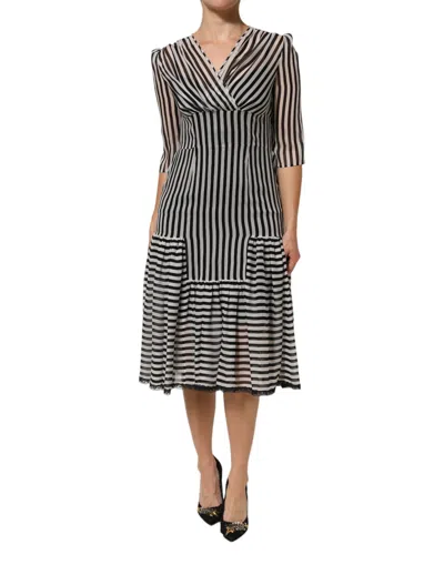 Pre-owned Dolce & Gabbana Black White Stripes Silk V-neck Midi Women's Dress () In Multi