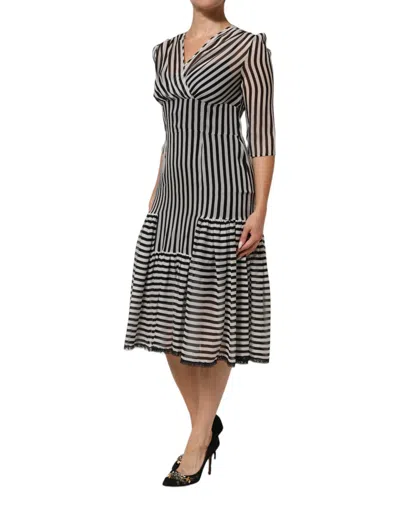 Pre-owned Dolce & Gabbana Black White Stripes Silk V-neck Midi Women's Dress () In Multi