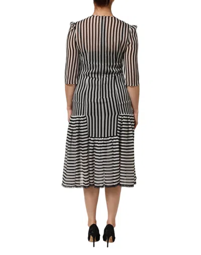 Pre-owned Dolce & Gabbana Black White Stripes Silk V-neck Midi Women's Dress () In Multi