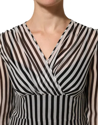 Pre-owned Dolce & Gabbana Black White Stripes Silk V-neck Midi Women's Dress () In Multi