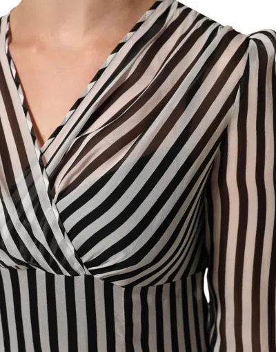Pre-owned Dolce & Gabbana Black White Stripes Silk V-neck Midi Women's Dress () In Multi
