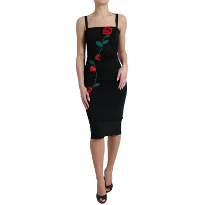 Pre-owned Dolce & Gabbana Black Wool Sleeveless Rose Applique Women's Dress ()