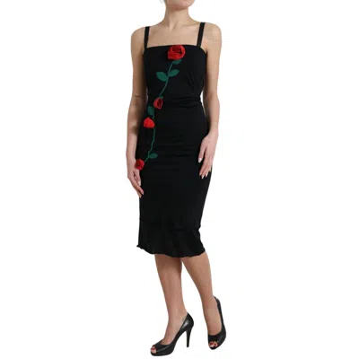 Pre-owned Dolce & Gabbana Black Wool Sleeveless Rose Applique Women's Dress ()
