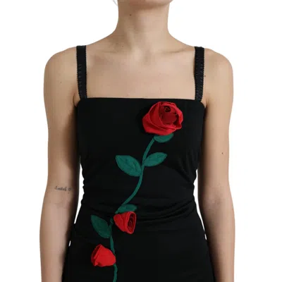 Pre-owned Dolce & Gabbana Black Wool Sleeveless Rose Applique Women's Dress ()