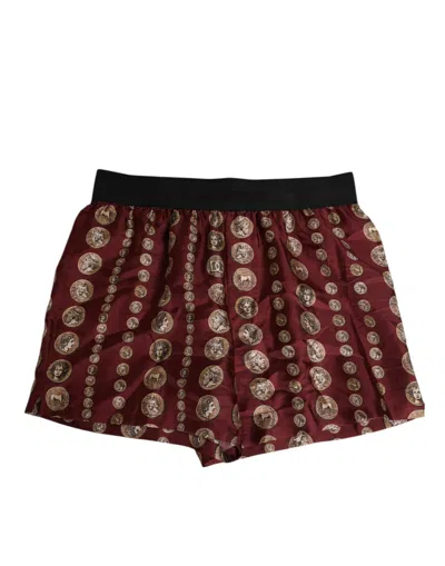 Dolce & Gabbana Burgundy Silk Coin Print Men Boxer Short Swimwear In Burgundy