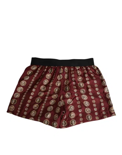 Dolce & Gabbana Burgundy Silk Coin Print Men Boxer Short Swimwear In Burgundy