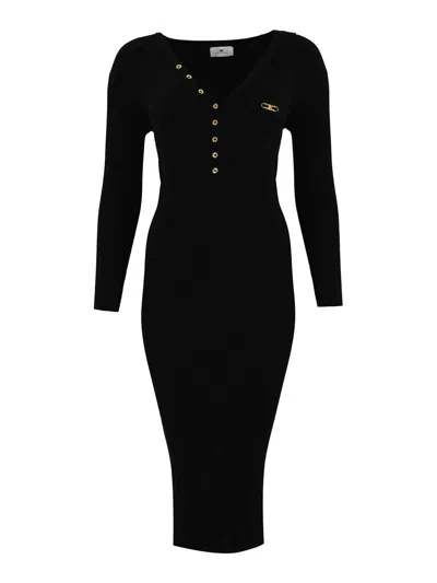 Elisabetta Franchi Black V-neck Dress With Logo Plaque On The Front In Fabric Woman In Black
