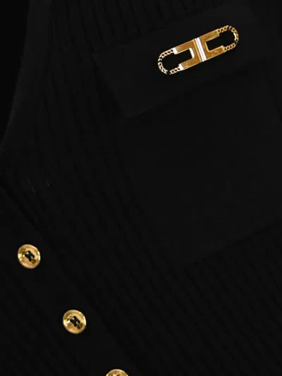 Elisabetta Franchi Black V-neck Dress With Logo Plaque On The Front In Fabric Woman In Black