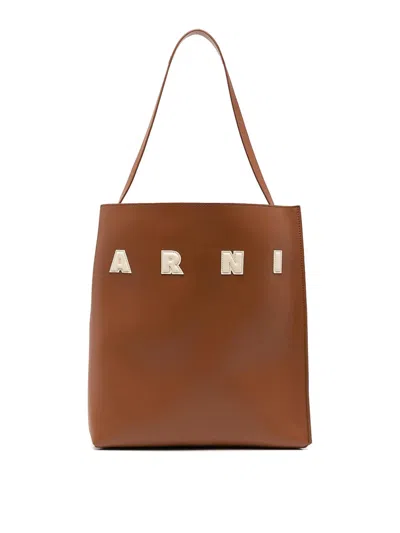 Marni Medium Museo Hobo Leather Tote Bag In Brown