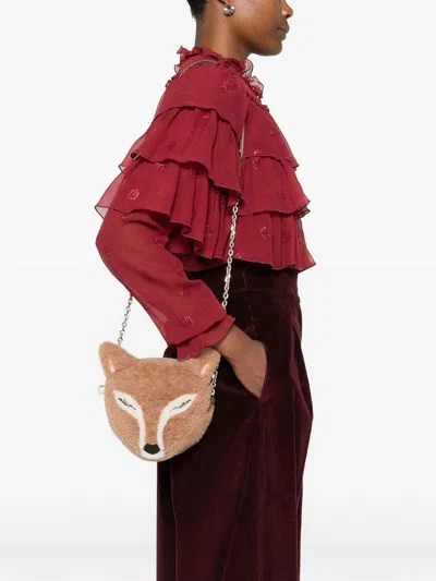 Jimmy Choo Fox Leather-trimmed Shearling Shoulder Bag In Brown