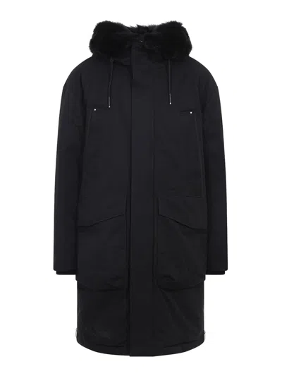 Moose Knuckles Feather Down Insulated Black Parka With Plush Fur-lined Hood In Blue