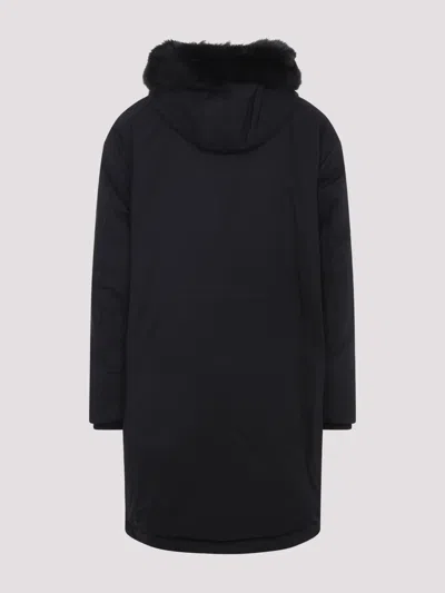 Moose Knuckles Feather Down Insulated Black Parka With Plush Fur-lined Hood In Blue