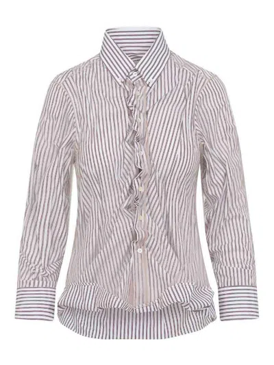 Maison Margiela Vertical Stripe Fitted Shirt With Ruffled Detail In Multi