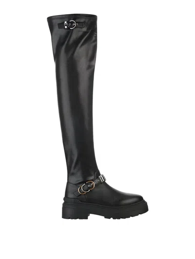 Pinko Thigh-high Boots With Metal Inserts In Black