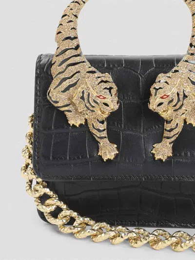 Roberto Cavalli Crocodile-embossed Leather Handbag With Tiger Handle In Black