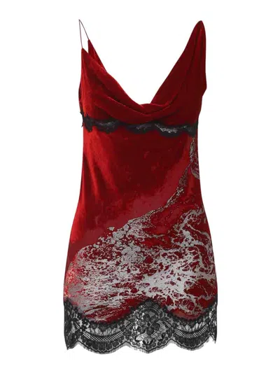 Roberto Cavalli Mini Slip Dress With Deep Cowl Neckline And Abstract Pattern In Red