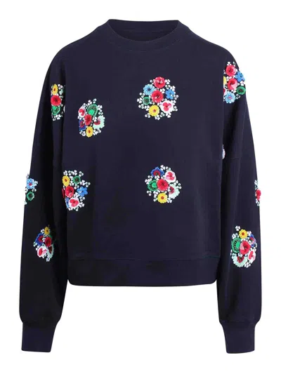 Essentiel Antwerp Green Sweatshirt With Floral Embroidery In Blue