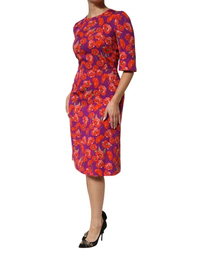 Pre-owned Dolce & Gabbana Purple Silk Floral Print Midi Sheath Women's Dress ()