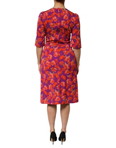 Pre-owned Dolce & Gabbana Purple Silk Floral Print Midi Sheath Women's Dress ()