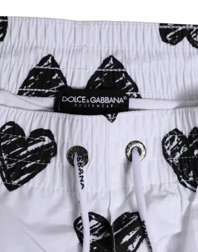 Dolce & Gabbana White Black Heart Print Men Boxer Short Swimwear In Blue