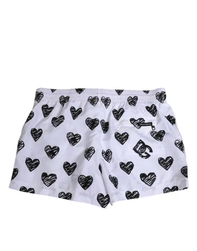Dolce & Gabbana White Black Heart Print Men Boxer Short Swimwear In Blue