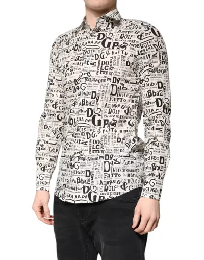 Pre-owned Dolce & Gabbana White Black Logo Martini Men Casual Men's Shirt () In Multi