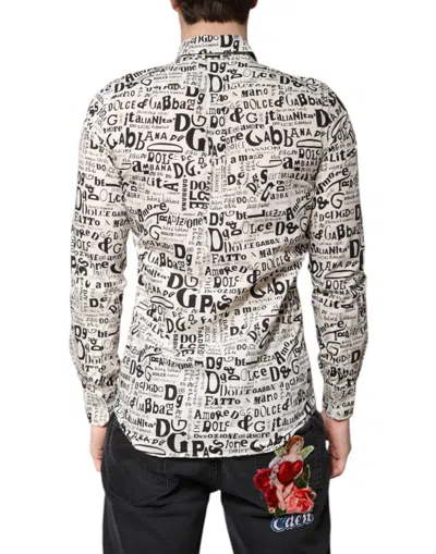 Pre-owned Dolce & Gabbana White Black Logo Martini Men Casual Men's Shirt () In Multi
