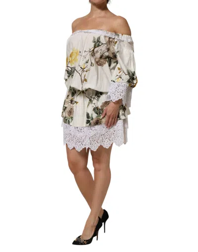 Dolce & Gabbana White Floral Lace Off Shoulder Mini Women's Dress In Multi