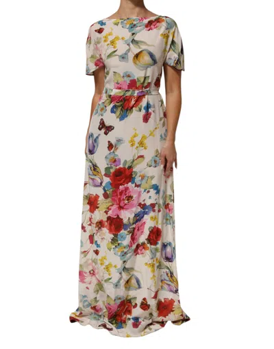 Dolce & Gabbana White Floral Print Silk Sheath Longgown Women's Dress In Multi
