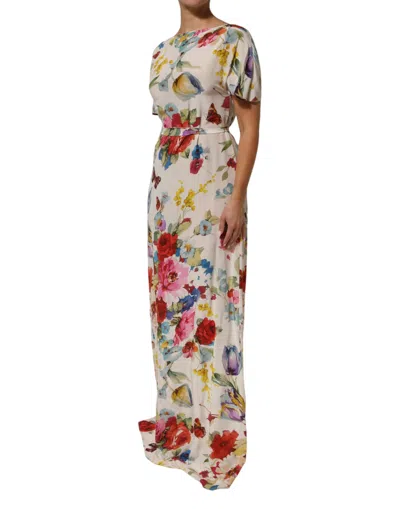 Dolce & Gabbana White Floral Print Silk Sheath Longgown Women's Dress In Multi