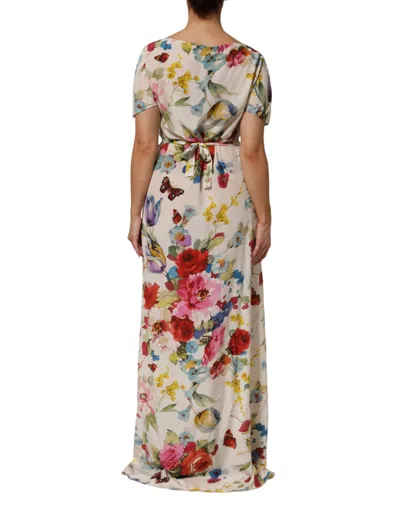 Dolce & Gabbana White Floral Print Silk Sheath Longgown Women's Dress In Multi
