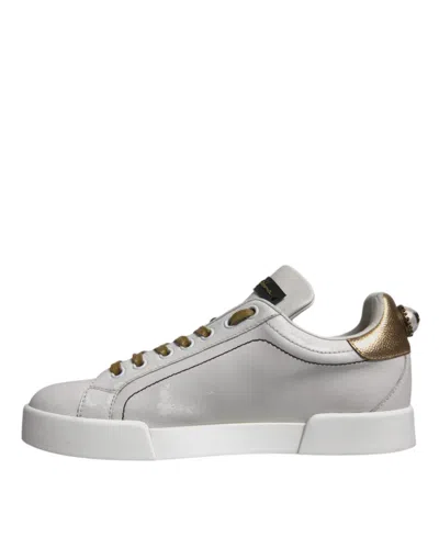 Pre-owned Dolce & Gabbana White Gold Leather Low Top Sneakers Women's Shoes ()