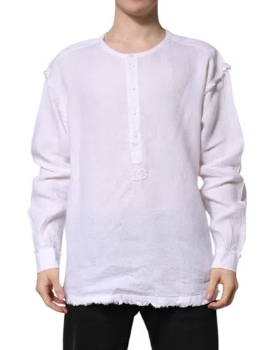 Pre-owned Dolce & Gabbana White Linen Long Sleeves Casual Men Men's Shirt ()