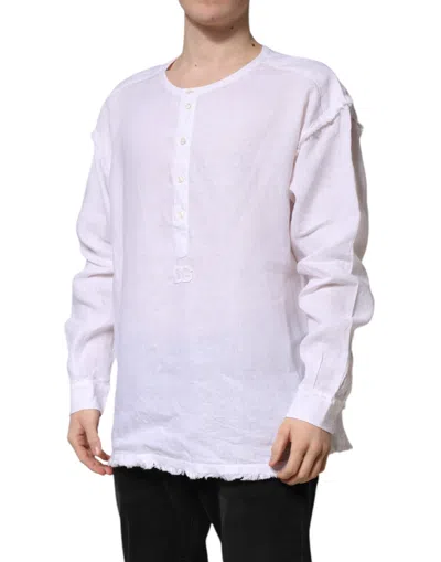 Pre-owned Dolce & Gabbana White Linen Long Sleeves Casual Men Men's Shirt ()