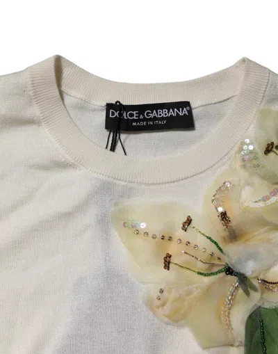 Pre-owned Dolce & Gabbana White Silk Lily Embellished Pullover Women's Sweater ()
