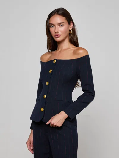 L'agence Alice Off Shoulder Pinstripe Blazer In Blue