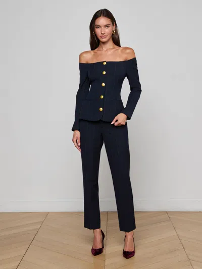 L'agence Alice Off Shoulder Pinstripe Blazer In Blue
