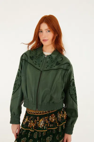 Farm Rio Green Richelieu Heart Leather Jacket In Green