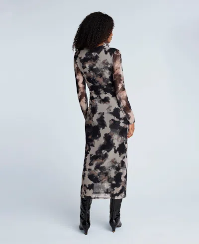 Kenneth Cole Printed Mesh Knot Front Long Sleeve Midi Dress In Multi