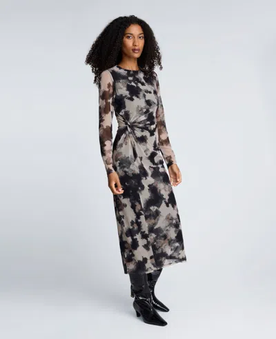 Kenneth Cole Printed Mesh Knot Front Long Sleeve Midi Dress In Multi