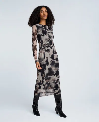 Kenneth Cole Printed Mesh Knot Front Long Sleeve Midi Dress In Multi