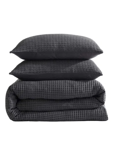 Kenneth Cole Solid Waffle Duvet Set In Black