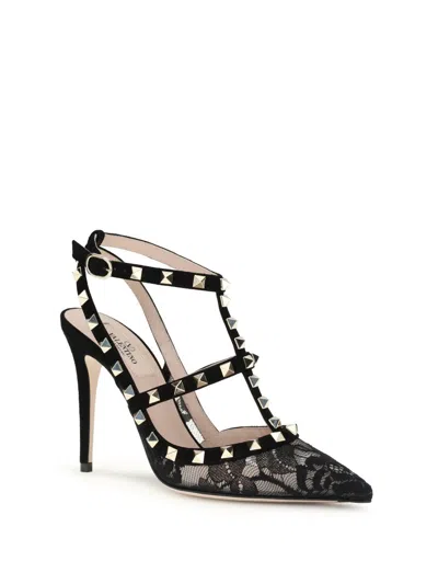 Valentino Rockstud 100 Lace And Suede Pumps In Black