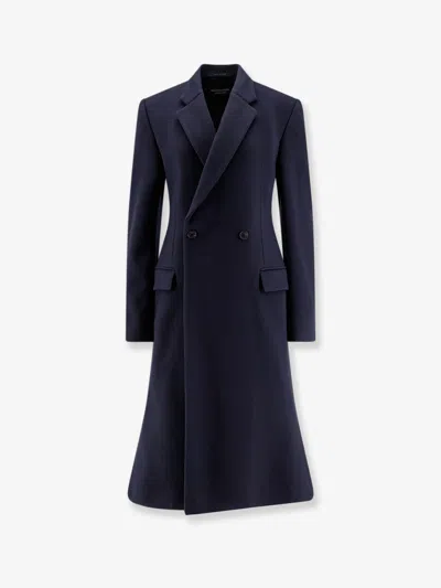 Balenciaga Women Godet Midi Double-breasted Wool Coat In Blue
