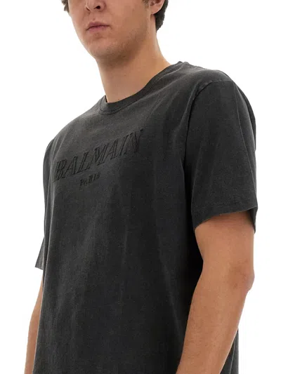 Balmain T-shirt With Logo Embroidery In Gray