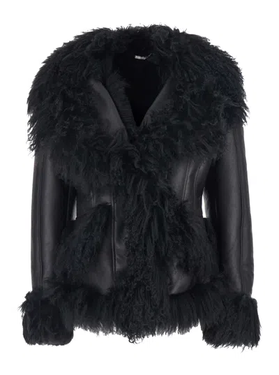 Blumarine Black Shearling Jacket With Wide Revers And Front Snap Button Closure In Leather And Fur Woman In Multi