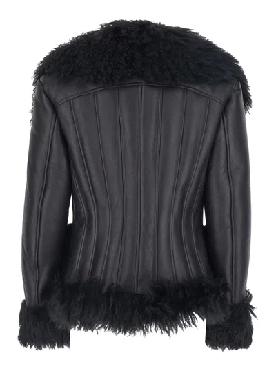 Blumarine Black Shearling Jacket With Wide Revers And Front Snap Button Closure In Leather And Fur Woman In Multi