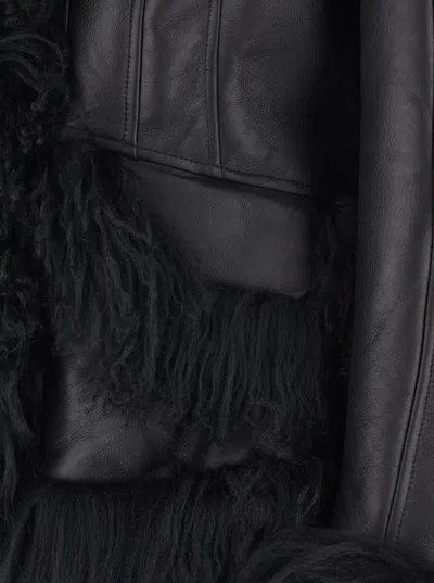 Blumarine Black Shearling Jacket With Wide Revers And Front Snap Button Closure In Leather And Fur Woman In Multi