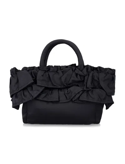 Ganni Black Nylon Ruffled Top Handle Bag In Black