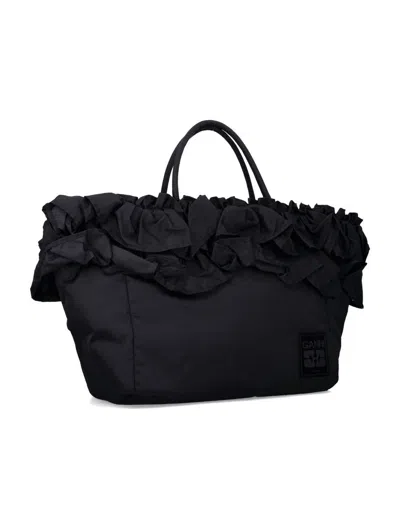 Ganni Black Nylon Ruffled Xxl Shopper Bag In Black